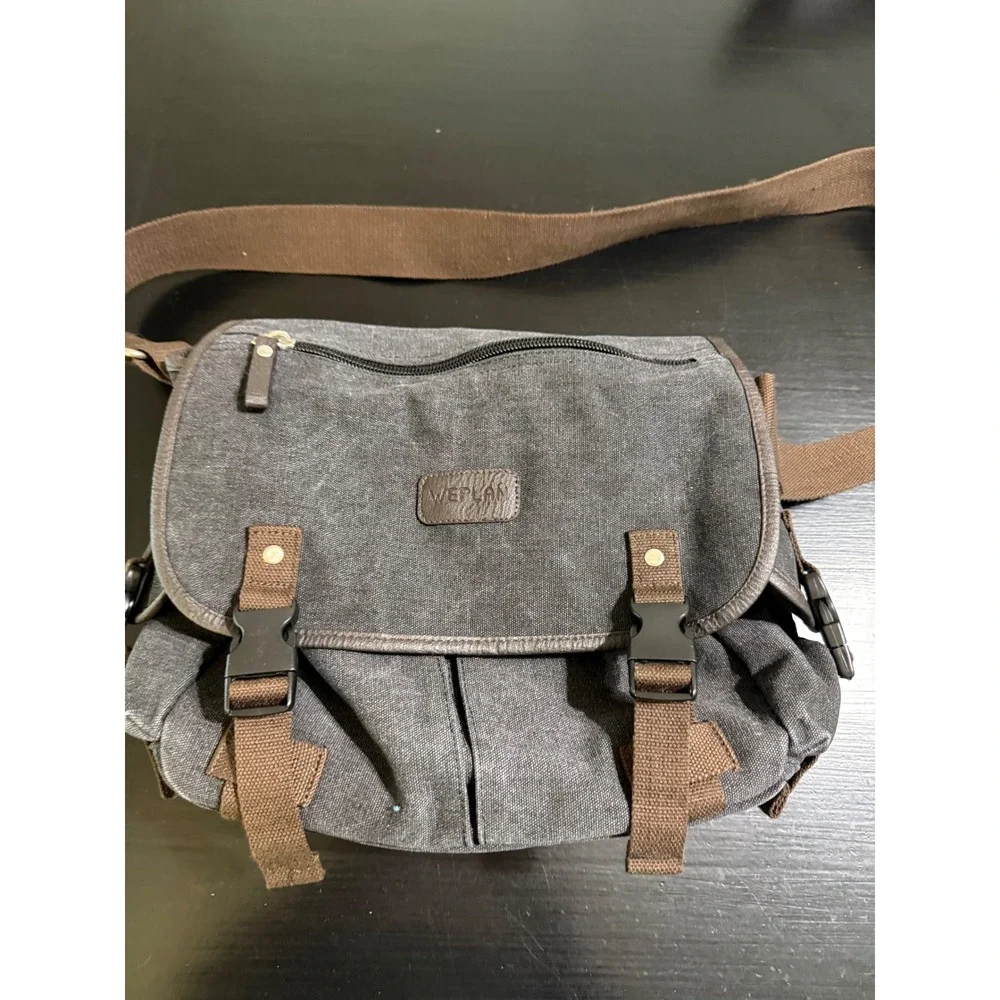 Weplan Canvas Messenger Bag Charcoal Gray Brown Crossbody Travel Satchel